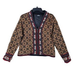 Vtg Icelandic Design Sweater Jacket Womens S Nordic Brown Multicolor Lined